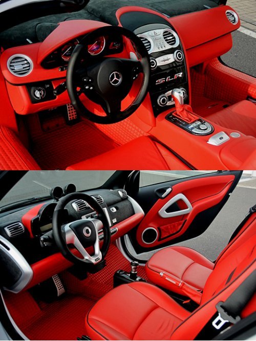 SLR и Smart не только окрашены в одинаковый цвет. Схожий колер — и в интерьерах оригинальных машин.