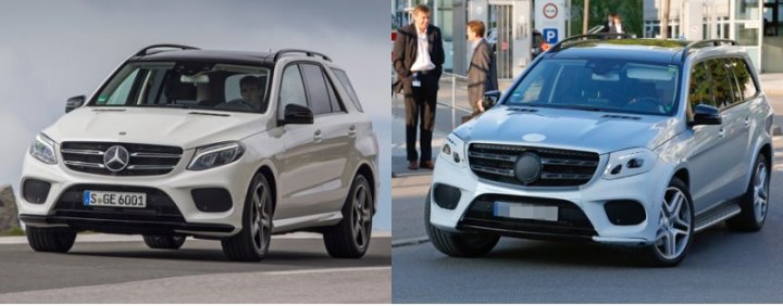 Сравните фары и воздухозаборники кроссовера GLE с пакетом AMG Line (слева) и обновленного GLS,…