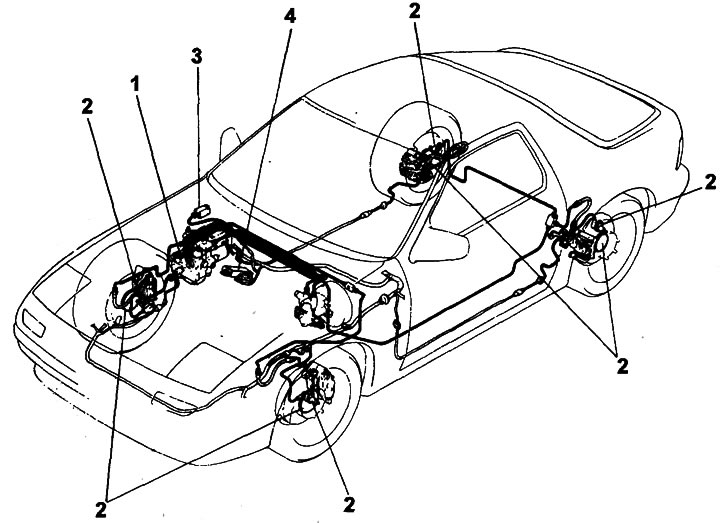 10.3. Типичная система АБС с четырьмя контролируемыми колесами (Mazda RX-7):1. Гидравлический…