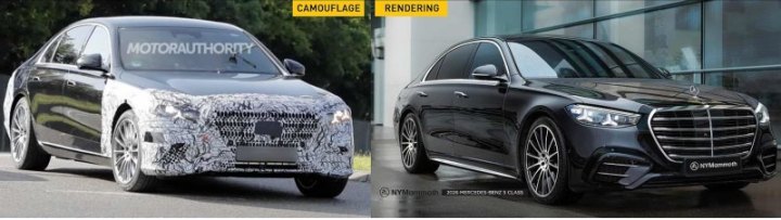 Слева – шпионское фото нового S-Class, справа – рендер нового S-Class