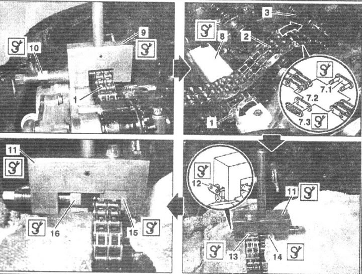 7.1. Замена газораспределительной цепи на двигателе серии 6121. Старая цепь; 2. Сменная цепь; 3.…