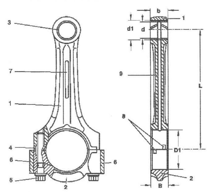 1. Шатун; 2. Крышка нижней головки; 3. Втулка; 4. Направляющая втулка; 5. Болт; 6. Балансировочный…