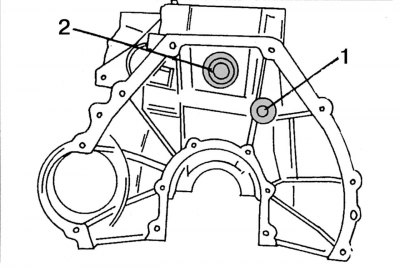Малюнок 66. Задня частина блоку циліндрів із зазначенням місцезнаходження сталевої кульки (1), що…