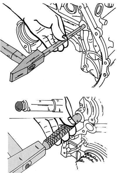 Малюнок 68. Випресовування сталевої кульки з блоку циліндрів (вгорі) та її наступна установка…