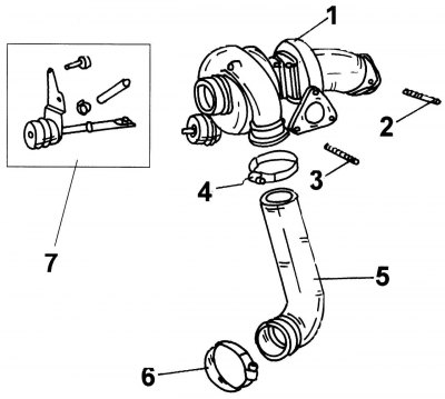 Figure 170. Turbocharger: 1 - turbocharger; 2, 3 - studs; 4 — pipe mounting clamp; 5 - connecting…