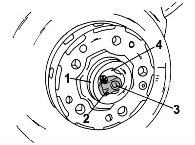 Figure 213. Adjusting the wheel bearing: 1 - front wheel hub; 2 - locking clamp; 3 — axis; 4 -…