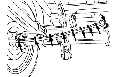 Малюнок 222. Кріпильна стрічка для зняття троса гальма стоянки (необхідно зняти перед демонтажем)