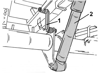 Малюнок 223. Кріплення важеля регулятора тиску (1) та амортизатора (2)