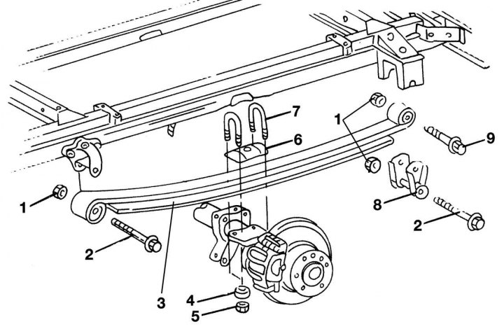 Рис. 252. Крепление задней рессоры: 1 — гайка М12, 75–80 Н·м; 2 — болт М12; 3 — задняя рессора; 4 —…