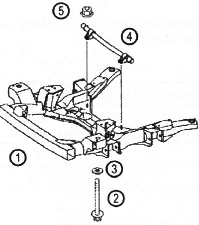 VN 5.001 1. Подрамник; 2. Болт; 3. Шайба; 4. Трубка-соединитель (ОЖ); 5. Гайка