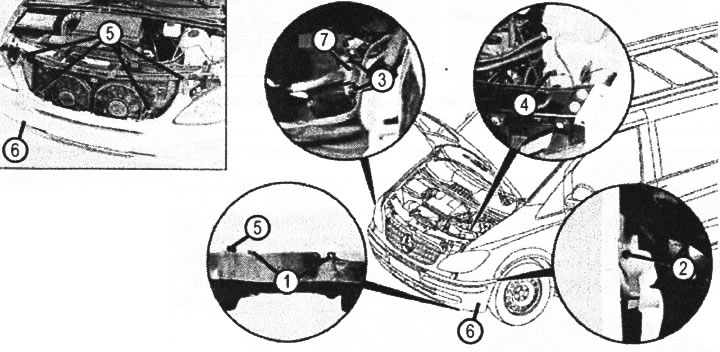 VN 8.004 1. Клипсы; 2. Болт; 3. Болты; 4. Шланг; 5. Болты; 6. Бампер; 7. Разъемы датчиков…
