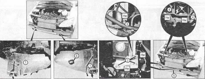 VN 8.006 1. Înveliș; 2-4. Șuruburi; 5. Traversa de susținere a panoului frontal; 6. Conector senzor…
