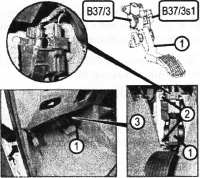 VN 9.009 1. Gázpedál; 2. Rögzítőcsavarok; 3. Padlóburkolat; 4. Gázpedál-érzékelő B37/3; 5. Kickdown…