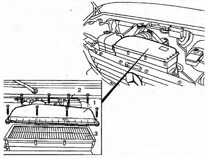 Figure 1.10. Replacing the air filter element: 1 - Air filter cover; 2 - Bolts; 3 - Air filter…