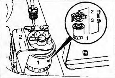 Figure 1.12. Replacing the fuel filter on engines 602.984/98: 1 - Filter; 2 - Bolt; 3 - Sealing…
