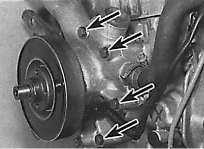 Location of left water pump mounting bolts