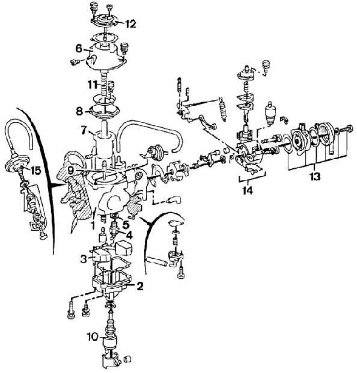 1 – karburátortest; 2 – úszókamra; 3 – úszó; 4 – tűszelep; 5 – tűszelep; 6 – karburátor burkolat; 7…