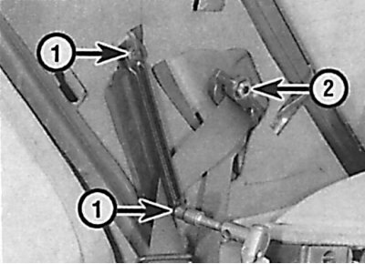 Location of guide mounting bolts (1) and upper seat belt mounting bolt (2)