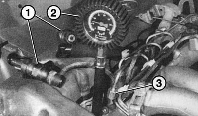 Fig. 4.23. Compression measurement: 1 – injectors; 2 – compression gauge; 3 – high pressure pipeline