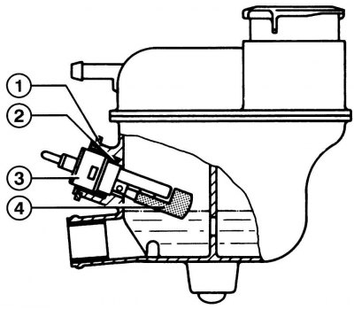 Fig. 4.43. Expansion tank: 1 – safety ring; 2 – gasket; 3 – sensor; 4 – float with lever