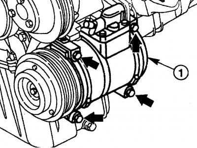 Мал. 5.13. Зняття кріплення компресора системи кондиціювання: 1 – компресор