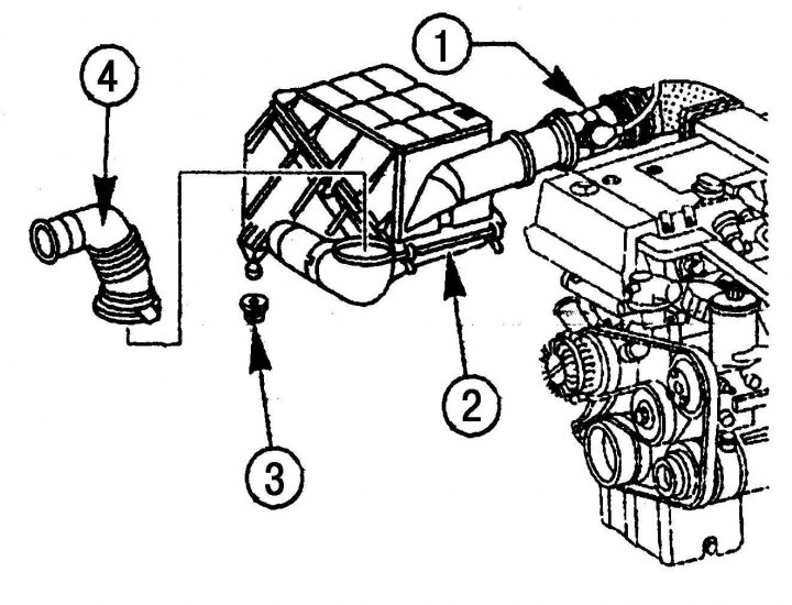 Fig. 5.51. Removing the air filter: 1 – mass air flow sensor; 2 – air filter; 3 – rubber support; 4…