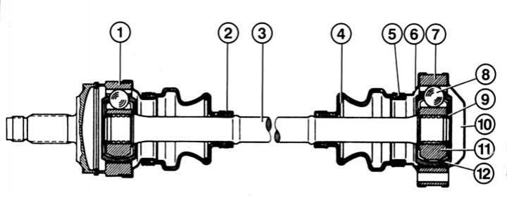 Fig. 6.19. Rear wheel drive shaft in section: 1 – hinge ring on the wheel side; 2, 5 – clamp of the…