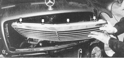 Fig. 11.6. To remove the plastic inner grille from the radiator grille frame, unfasten the fixing…