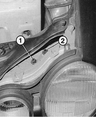 Fig. 9.23. Headlight adjustment screws: 1 - side adjustment screw; 2 - height adjustment screw