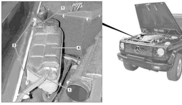 Expansion tank installation details for petrol and diesel models with 628 series engine (1 of 2)