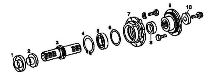 1.2 - Olajleválasztók; 3 - Hajtótengely; 4 - Rögzítőgyűrű; 5 - Golyóscsapágy; 6 - Távolsági gyűrű;…