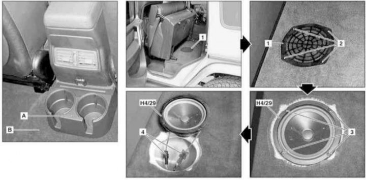 Дэталі ўстаноўкі НЧ гучнагаварыцеля (вуфера) аўдыёсістэмы Harman/Kardon