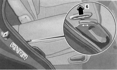 Ручка (6) відпускання фіксатора правої секції заднього сидіння