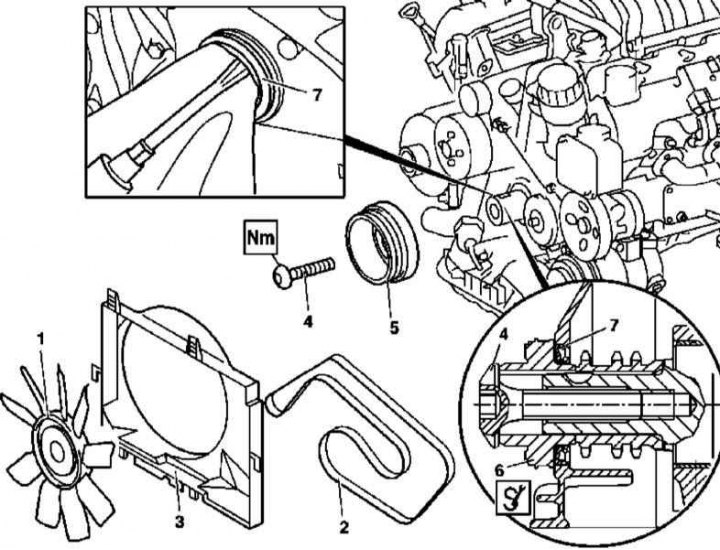 Installation details of the torsional vibration damper/drive belt pulley for engines of the 112 and…
