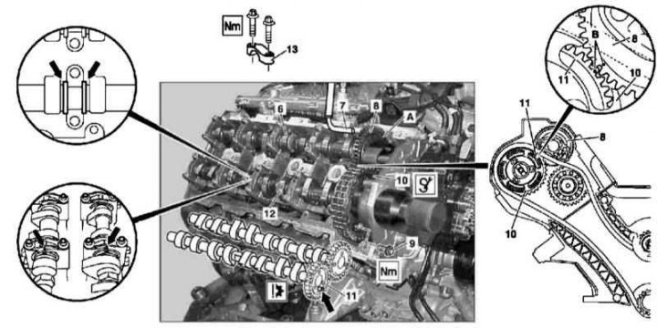 628-as sorozatú motor vezérműtengely beszerelésének részletei (jobb oldali hengerfej)