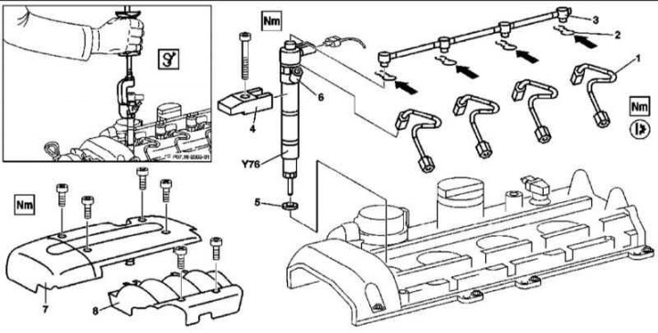 Снятие и установка топливной распределительной магистрали и форсунок ...
