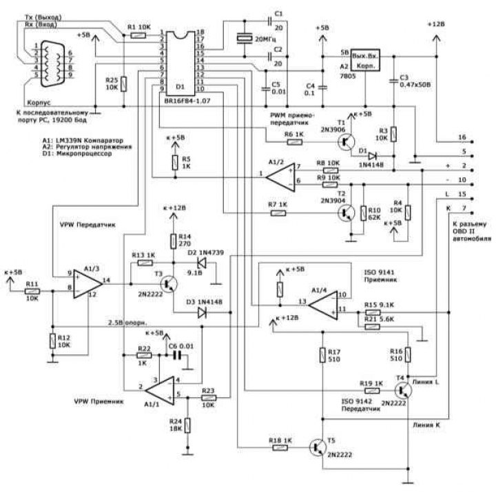 Принципиальная схема контроллера сопряжения РС с системой OBD II