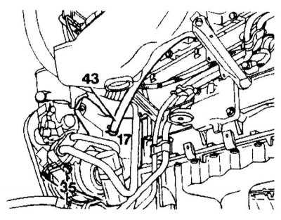 15. Disconnect the tube (43) from the bracket (17) on the cylinder block.