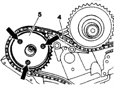 3. Unscrew the right exhaust camshaft sprocket (5) and remove it. Remove the upper right and left…