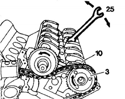7. Install the chain on the exhaust camshaft sprocket (3) and rotate the exhaust camshaft back to…