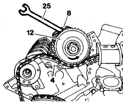 17. Install the exhaust camshaft sprocket (5) and tighten it.