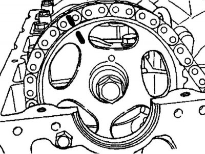 4. Install the camshaft sprocket, aligning the mark on it with the mark on the timing chain.