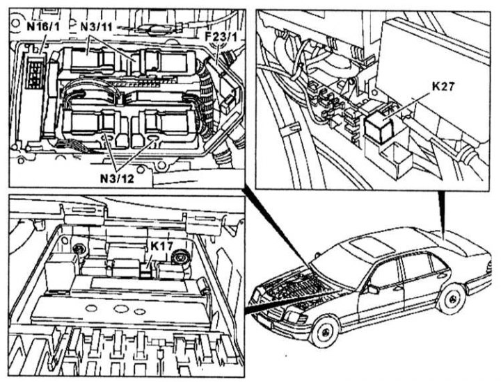 W140 предохранитель подсветки кнопок Location of ME-SFI Fuel Injection and Ignition Control System Components (Merced