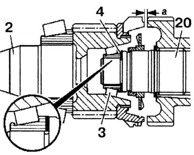 15. Налаштуйте відстань «a» прокладками (4), для чого зніміть або запресуйте конічний роликовий…