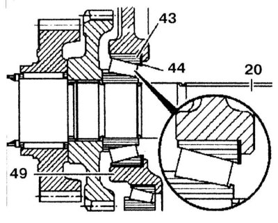 18. Вийміть зовнішнє кільце підшипника (43) проміжного картера (49), вставте прокладки (44) і…