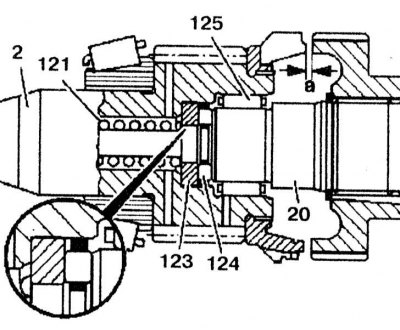 11. Вставте упорну шайбу (123), упорний підшипник (124) та голчастий підшипник (125) без пружини…