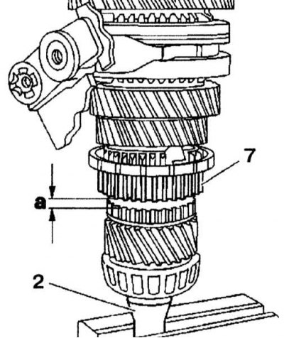 12. Виміряйте відстань «a» між обмежувачем та синхронізатором (7) 3/4 передач. Відрегулюйте…