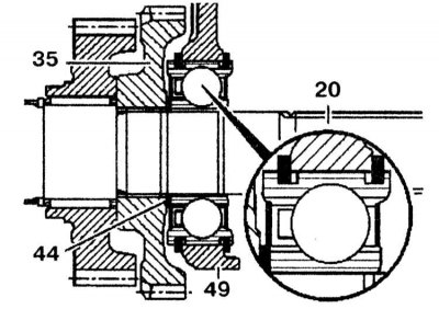 11. За допомогою знімка вийміть вал (20) з проміжного картера (49) і встановіть на нього прокладки…