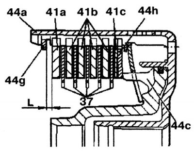 Checking the clearance between the retaining ring (44g) and the outer disc (41a)