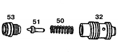 2. Assemble the fluid flow control valve (32) in a vice and tighten the valve (53).